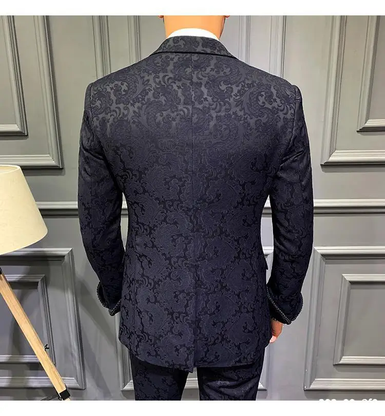 Traje de Jacquard azul marino para hombre, traje de corte entallado, esmoquin para novio, traje de boda, traje Masculino de 3 piezas, Blazer de fiesta