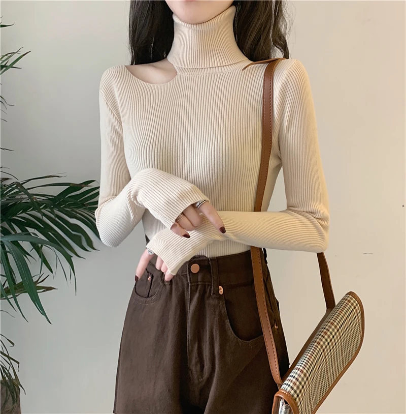 Off Shoulder Turtleneck Slim Sweater Pullover Women Autumn winter Casual long Sleeve Sweater women Female Chic Jumpers top