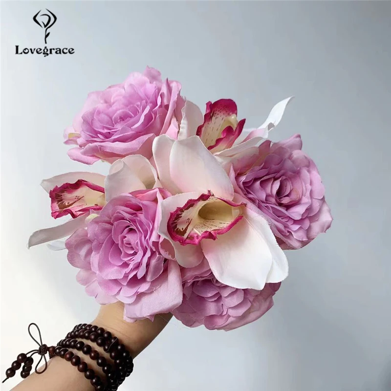 Lovegrace-ramo de flores de seda Artificial para boda, rosa, orquídea, dama de honor, decoración para fiesta en casa