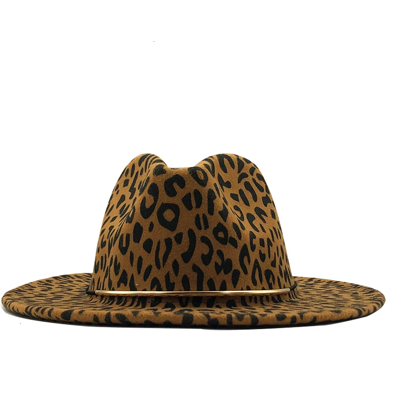 

Simple Unisex Flat Brim Wool Felt Jazz Fedora Hats Men Women Leopard Grain Leather Band Decor Trilby Panama Formal Hats