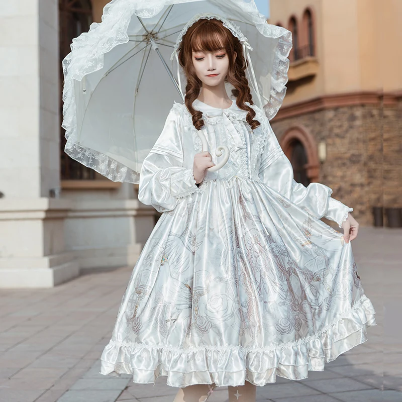 

Princess tea party sweet lolita dress vintage lace bowknot cute printing victorian dress kawaii girl gothic lolita op loli cos