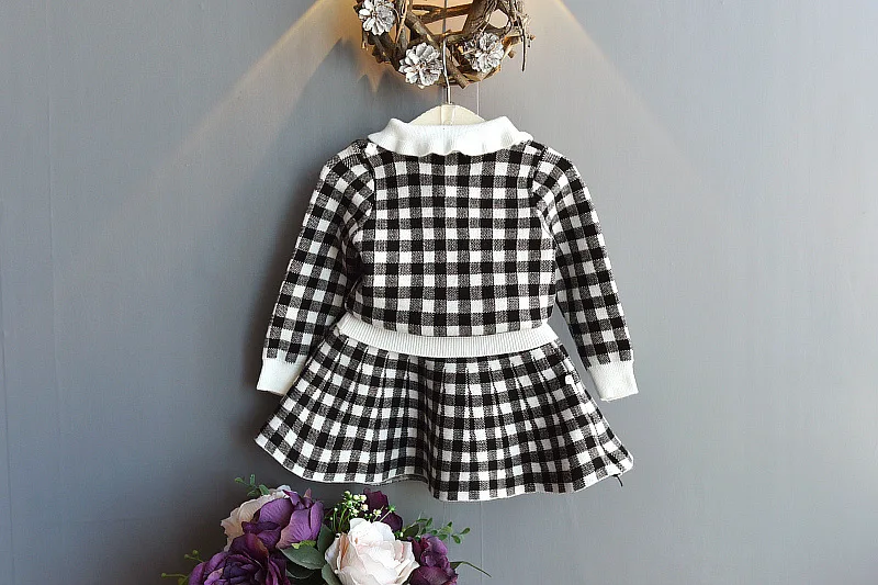 Girls Sets Children\'S Clothing 2022 Autumn Winter New Plaid Bow School Student Suit Knit Sweater+ Short Skirt 2pcs Kids Outfits