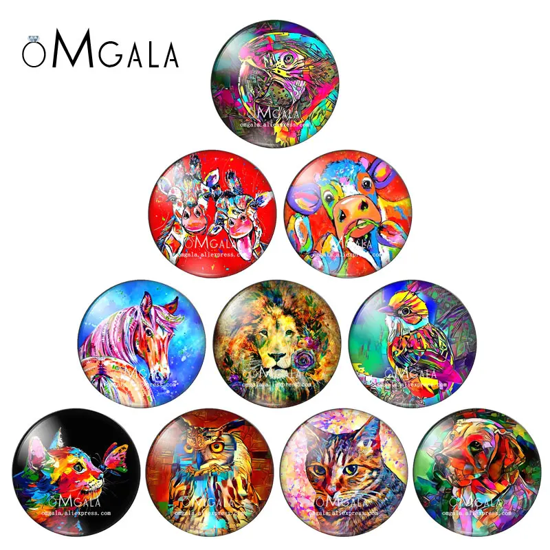 

Art Watercolor Cow Horse Cat Lion Owl Animals 10mm/12mm/16mm/18mm/25mm Round photo glass cabochon demo flat back Making findings