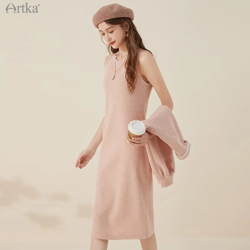 ARTKA 2021 A/W New Women Suits Elegant O-Neck Short Knitted Sweatshirt Set Tank Slim Midi Knitted Dresses 2 Piece Set VA20111D