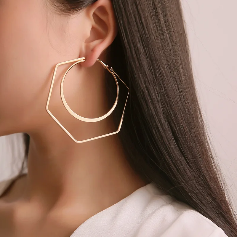 New Hollow Big Hexagon Round Hoop Earrings For Women Gold Color Simple Statement Trendy Jewelry Wholesale Nice Gifts