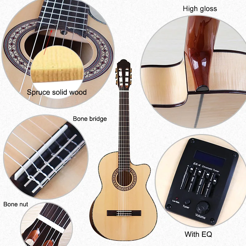 High Grade Classic Guitar 39 Inch Flame Maple Cutway Classical Guitar with Radian Corner Spruce Solid Wood Top with EQ  Guitar