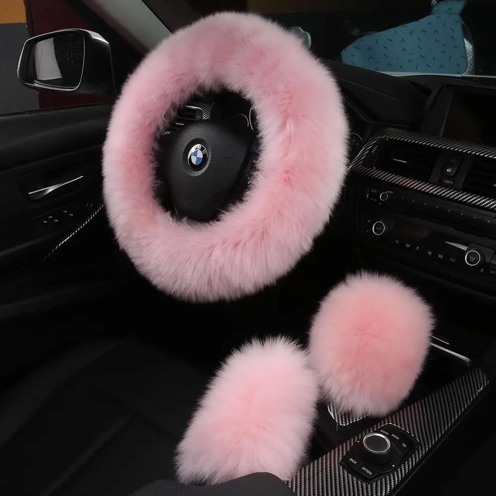 3Pcs Set Winter Fashion Wool Fur Soft Furry Steering Wheel Covers Pink Fluffy Handbrake Cover Gear Shift Cover Fuzzy Warm