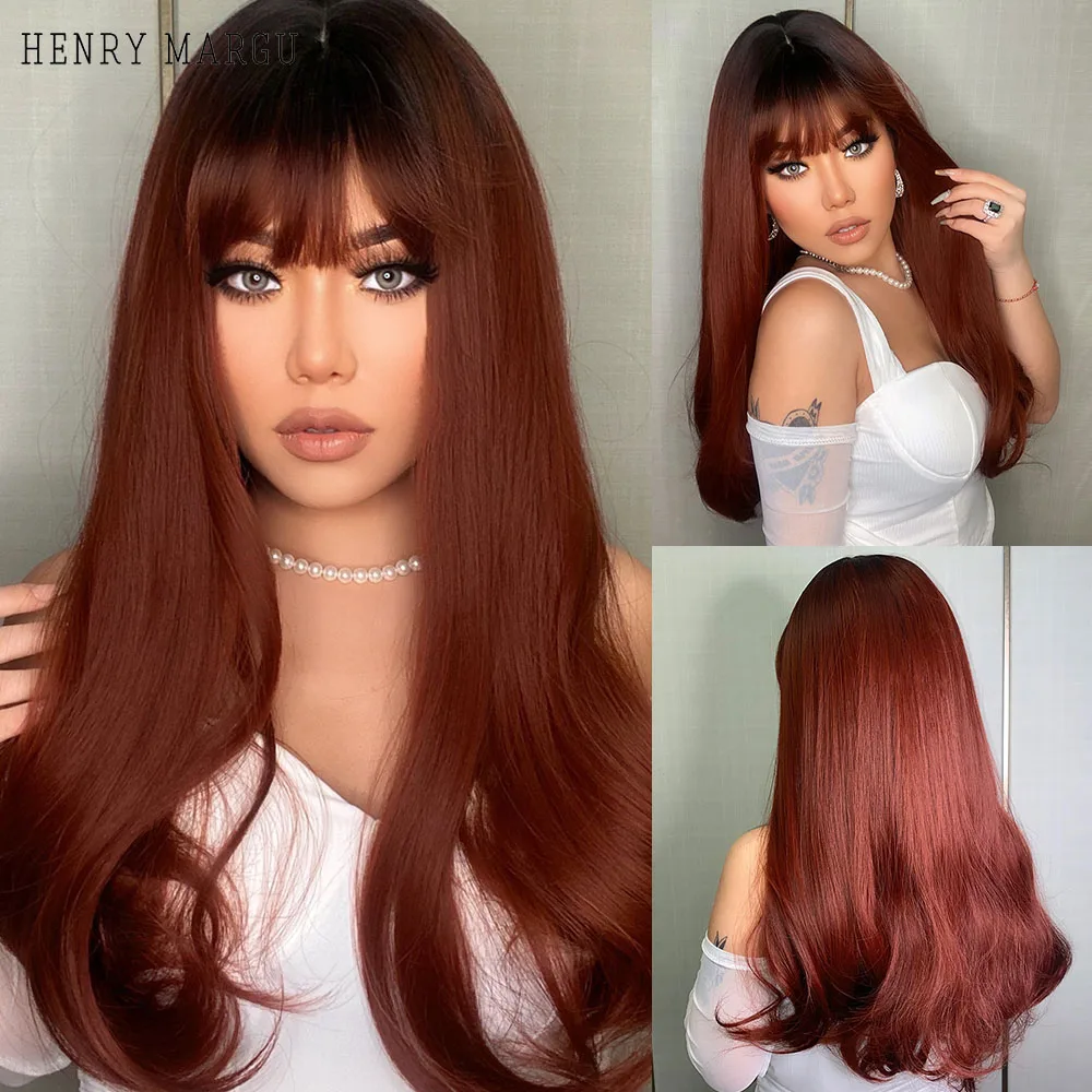 HENRY MARGU Ombre Wine Red Synthetic Wigs With Bangs Long Wavy Cosplay Hair Wigs for Women with Dark Roots Heat Resistant Wigs