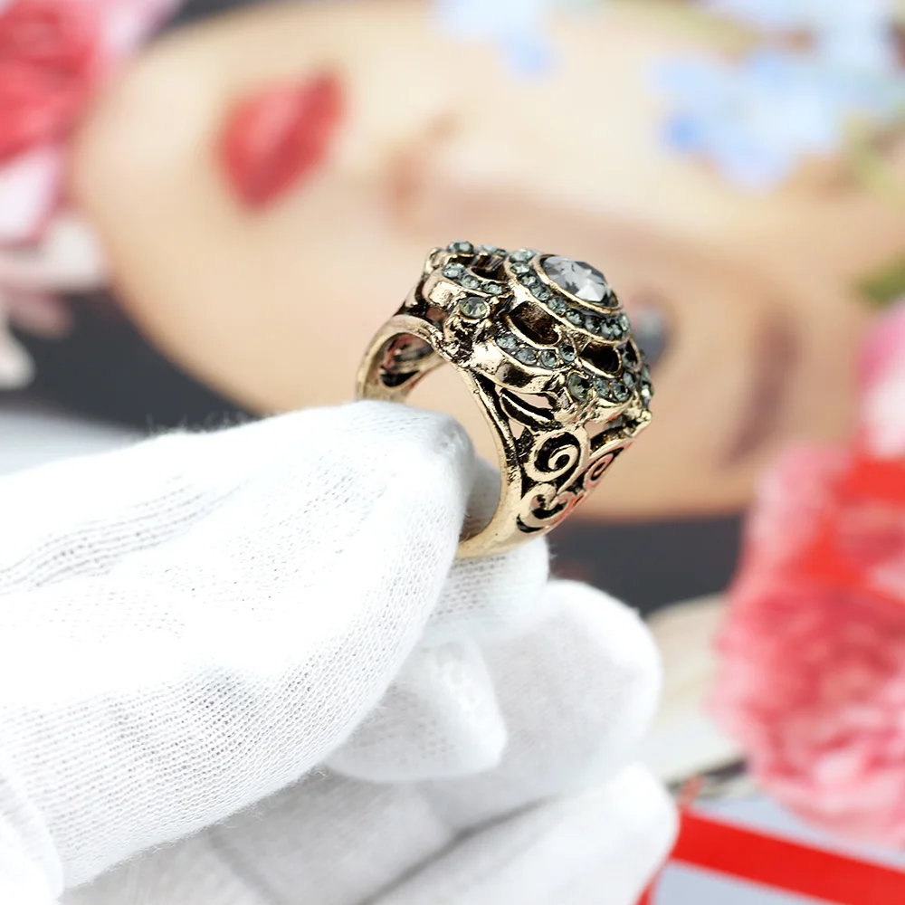 Retro Vintage Gray Crystal Ring Female Ethnic Party Jewelry Turkish Antique Gold Color Elegant Banquet Flower Ring