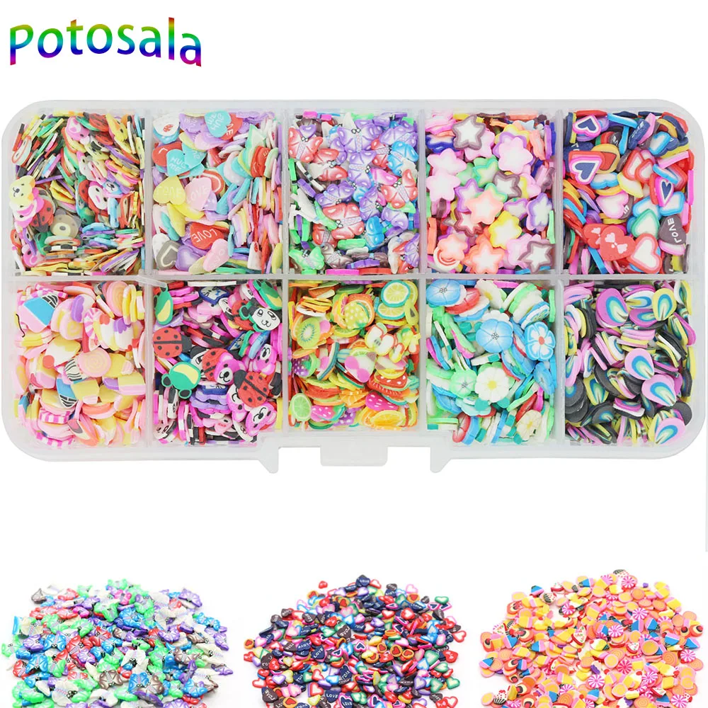 

10Grids Nail Art 3D Tiny Slices Polymer Clay Nail Sticker Flowers Animals Fruits Butterfly Candy Discs Sprinkles Multiple Styles