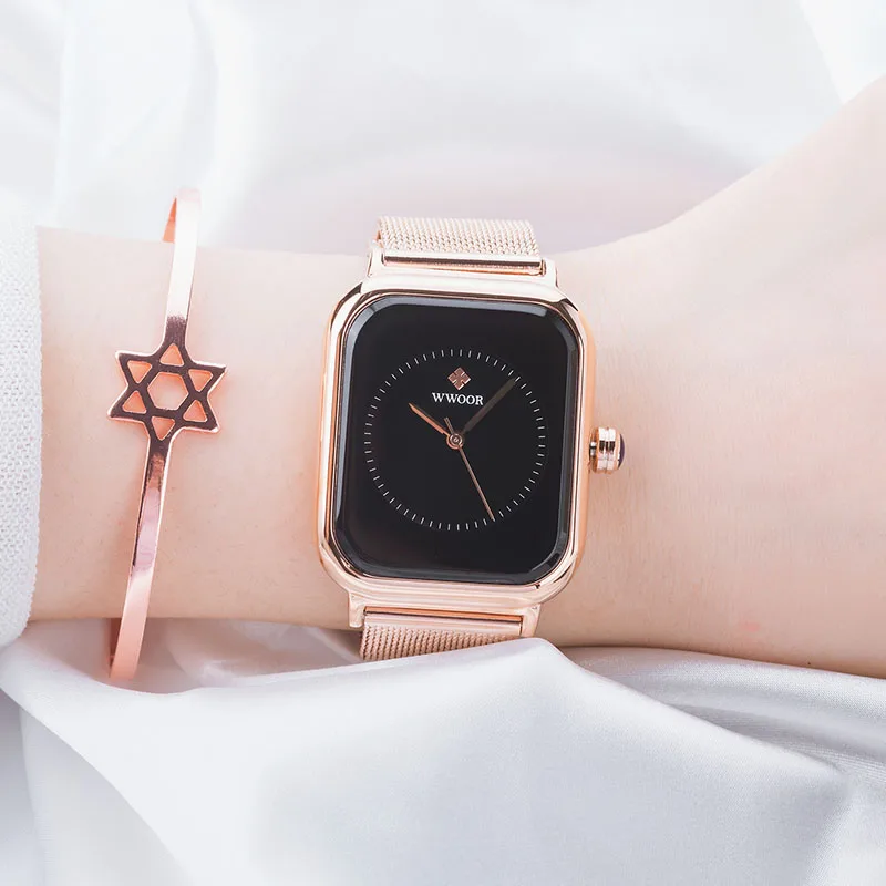 WWOOR 2024 New Design Women Watches Top Brand Luxury Rose Gold Rectangle Watch Ladies Black Exquisite Quartz Wristwatch For Gift