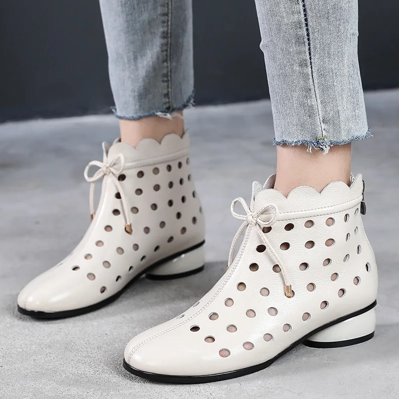 GKTINOO 2024 Summer Ankle Boots Genuine Leather Shoes Women Med High Heel Back Zipper Boots Cutout breathable Mujer Zapatos