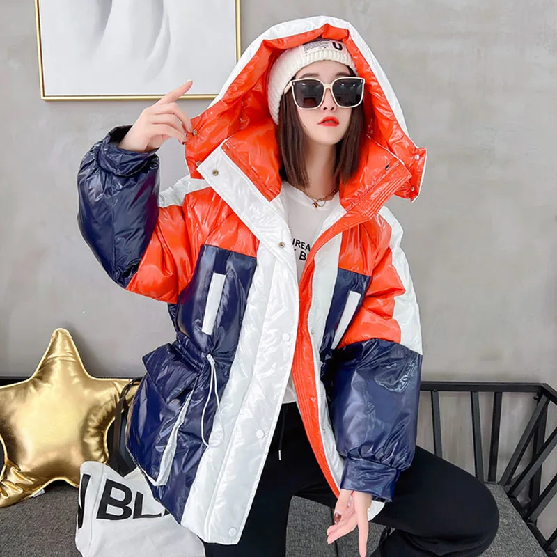 2024 Winter New Glossy Down Cotton Padded Coat Women Fashion Color Matching Hooded Casual Cotton Clothes Parkas Female Outwear