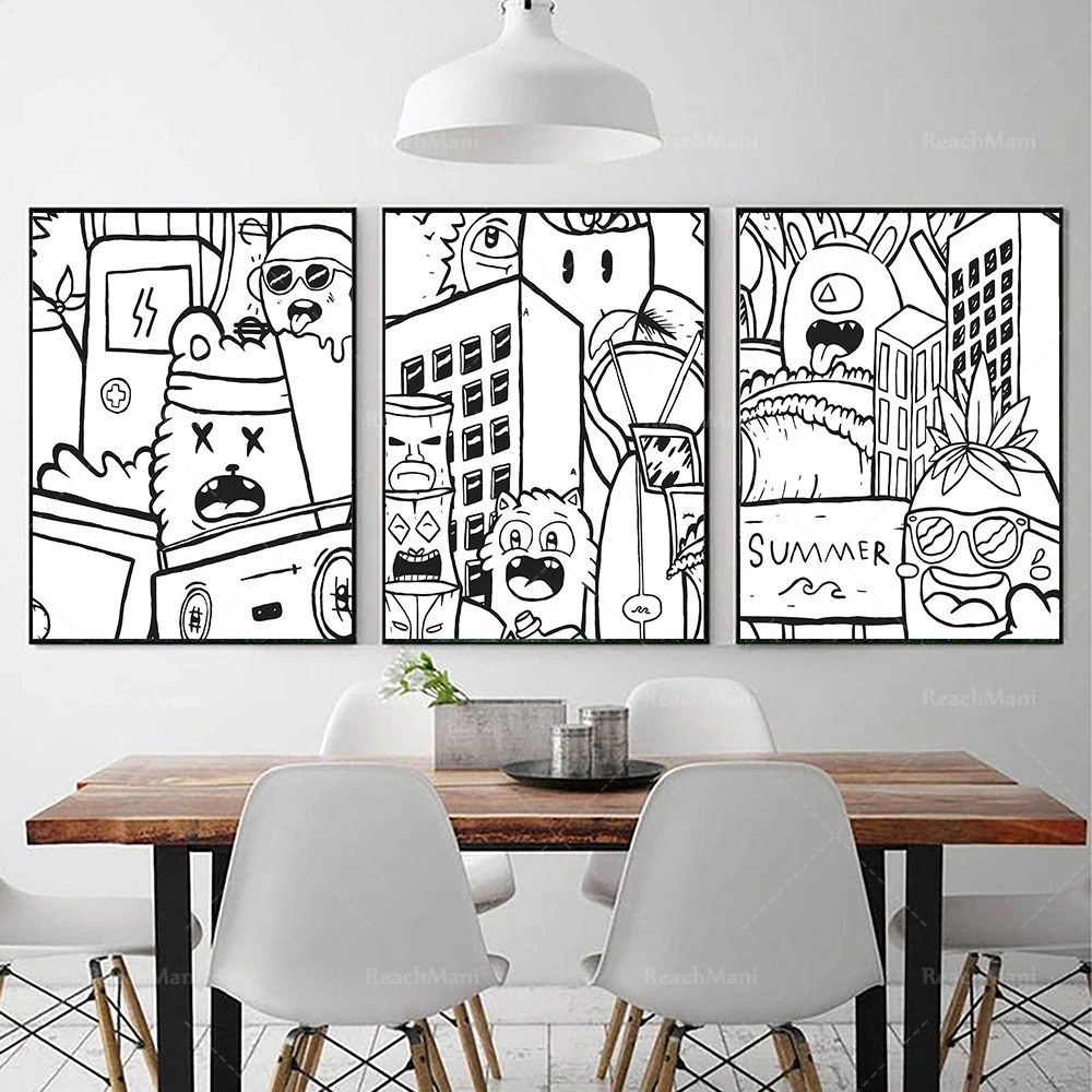 Pop cartoon art prints on canvas, 3 sets of colorful wall art, set of graffiti wall art for living room decoration, a gift for h