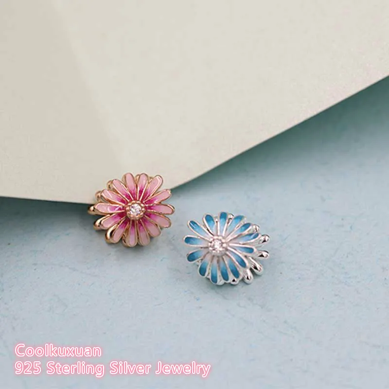 

Spring 100% 925 Sterling Silver Blue and Pink rose gold Daisy Flower Charm beads Fits Original Pandora bracelets Jewelry