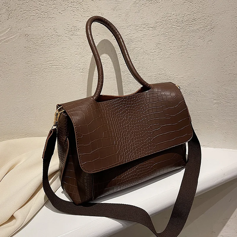 

PU Leather Shoulder Bag For Women Vintage Wide Strap Crossbody Bag Large Capacity Alligator print Designer ladies Handbag Tote
