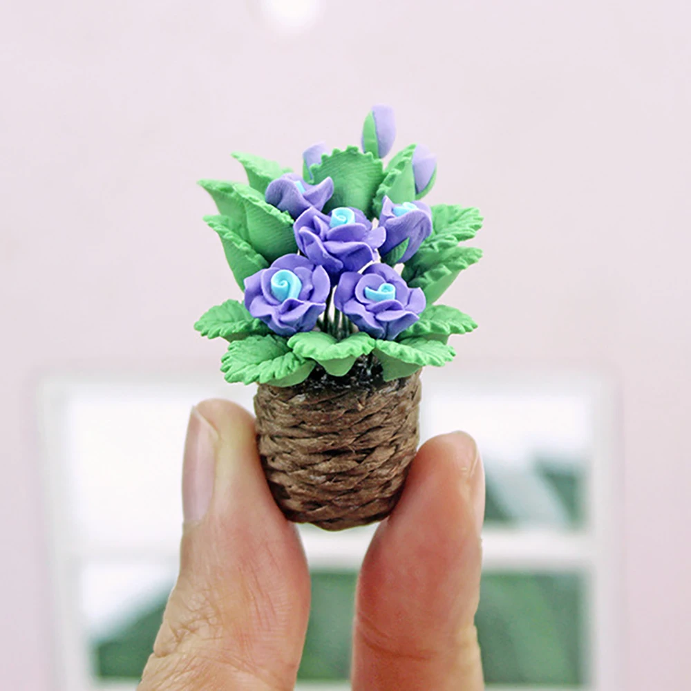 1/12 Dollhouse Miniature Accessories Mini Blue Rose Green Potted Plant Simulation Flower Model for Doll House Decoration ob11