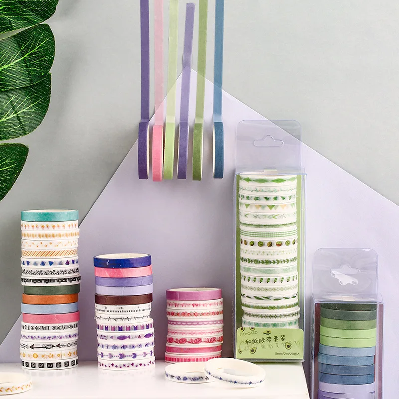 20pcs/set Washi Tape Green Plant Solid Color Geometric Patterns Masking Decorative Adhsive Tape Scrapbooking Sticker