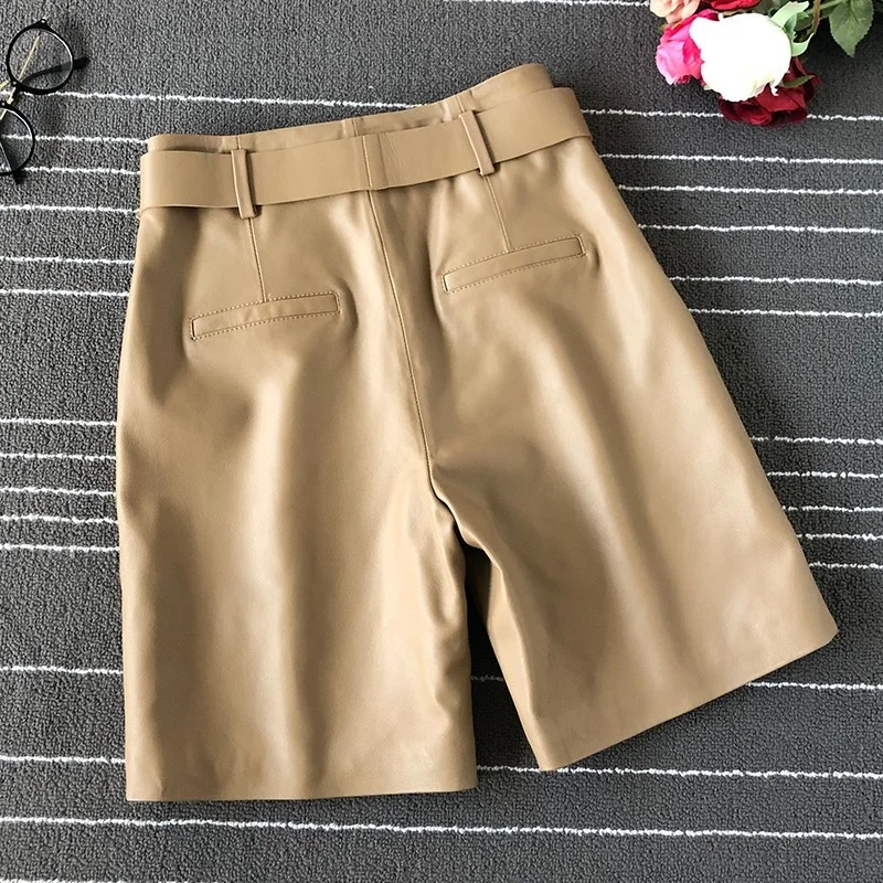 

Autumn New Knee Length Trousers 2022 Women High Waist Sashes Loose Straight Shorts Office Ladies Casual Genuine Leather Shorts