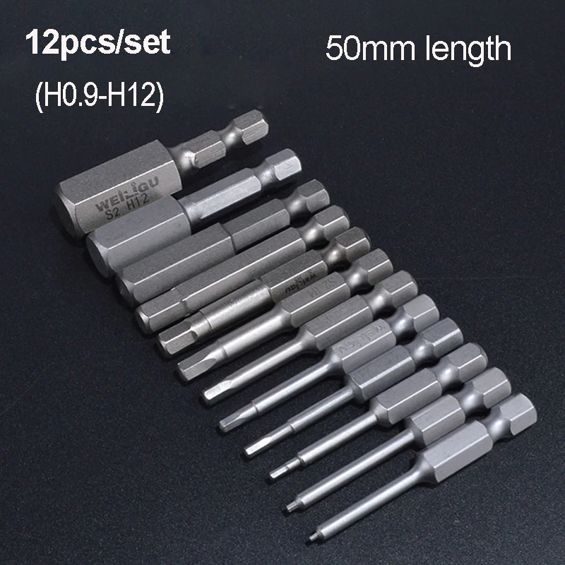 12pcs/set 50mm length 1/4 Inch Hexagon bit Hex Shank Magnetic Hex Head Screwdriver Bits H0.9-H12