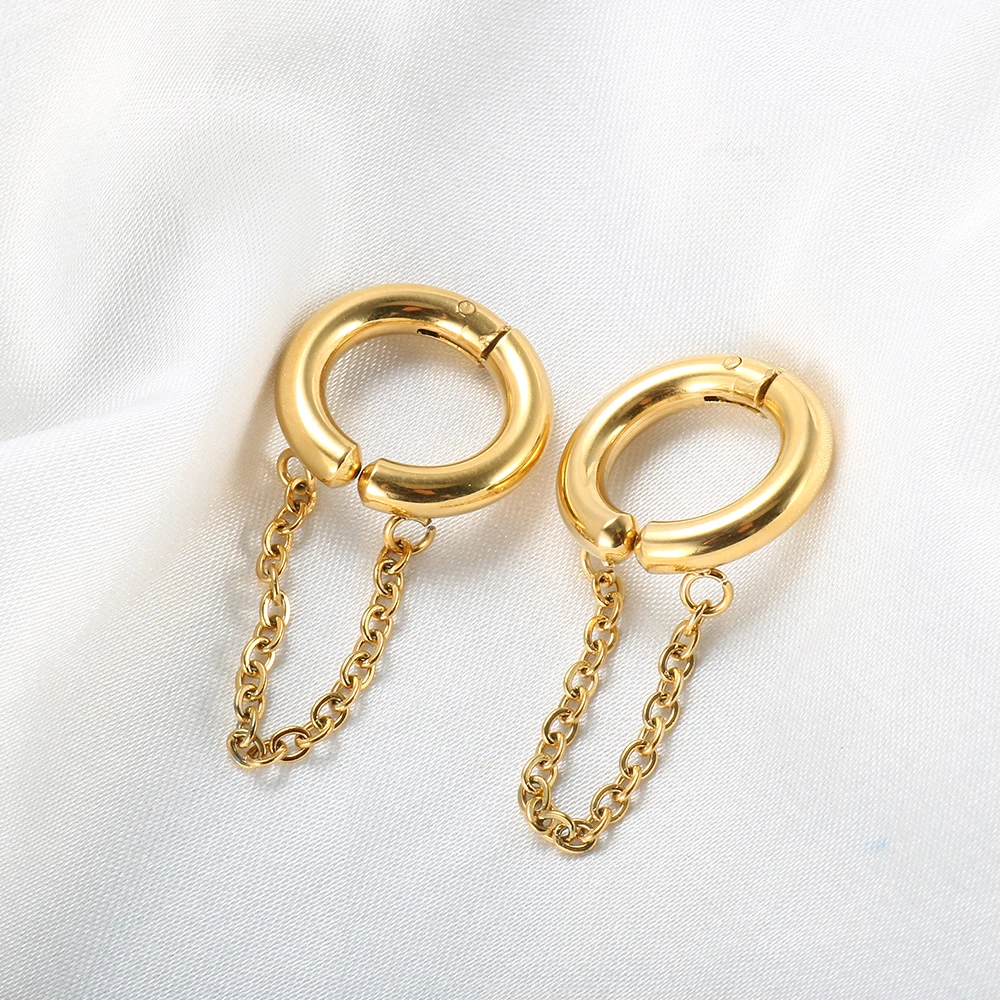 2PC /Set Stainless Steel Small Hoop Earrings for Women Golden Circle Thick Ear Ring Piercing Tassel With Chain Earrings Jewelry