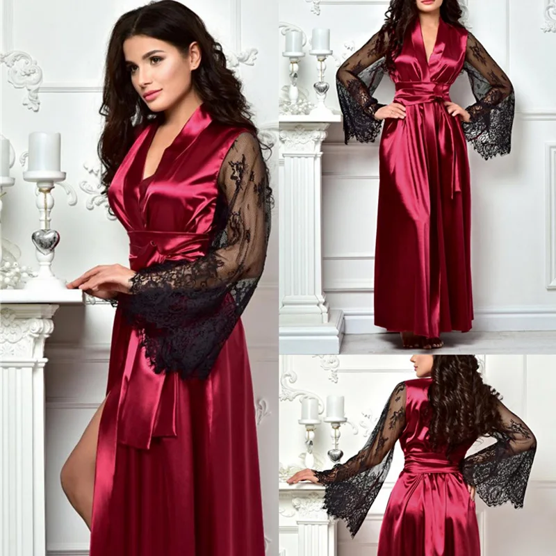 Chic Satin Silk Night Robes Women Lace Appliques Long Sleeve Photoshoot Dress Both Robe Formal Event Overlay Sleepwear