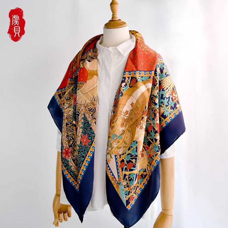 Dark blue elegant luxury 100% real silk scarf women print fashion scarves shawl 110cm big square natural siik bandana lady gift