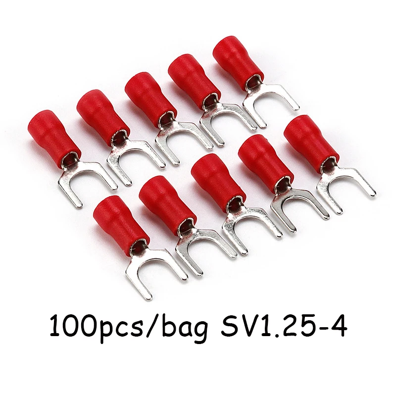 100PCS SV1.25 series red fork wire cold end insulated fork joint cable crimping connector AWG22-160.5-1.5mm²