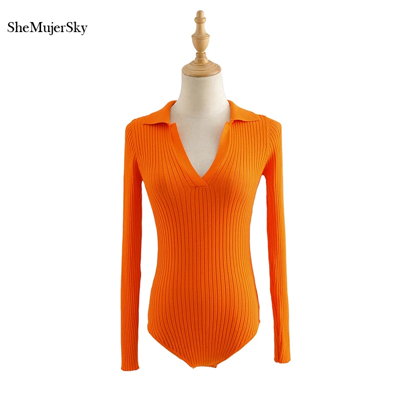 SheMujerSky Knitted Bodysuit Women Autumn Long Sleeve Turn-down Collar Bodysuits 2020 Elastic Jumpsuits