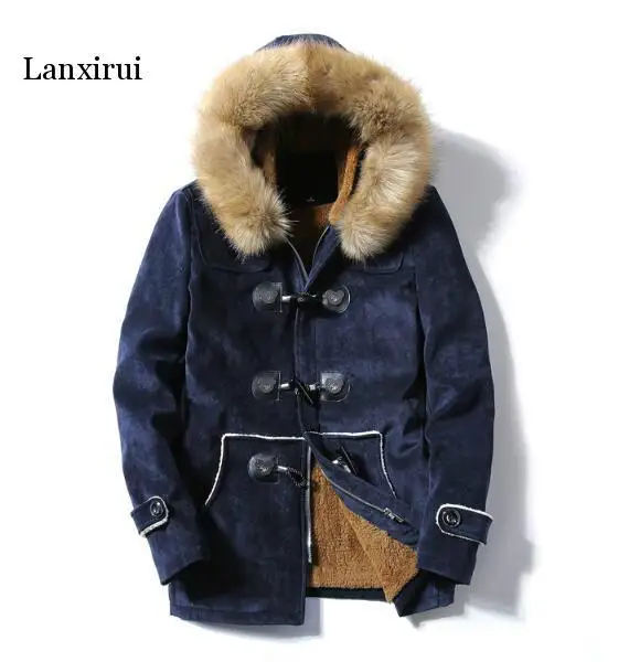 Lanxirui Winter Jacket Coats Men New Fashion Casual Hooded Fur collar Long coat Mens thick warm Horn Button jacket Coats Man