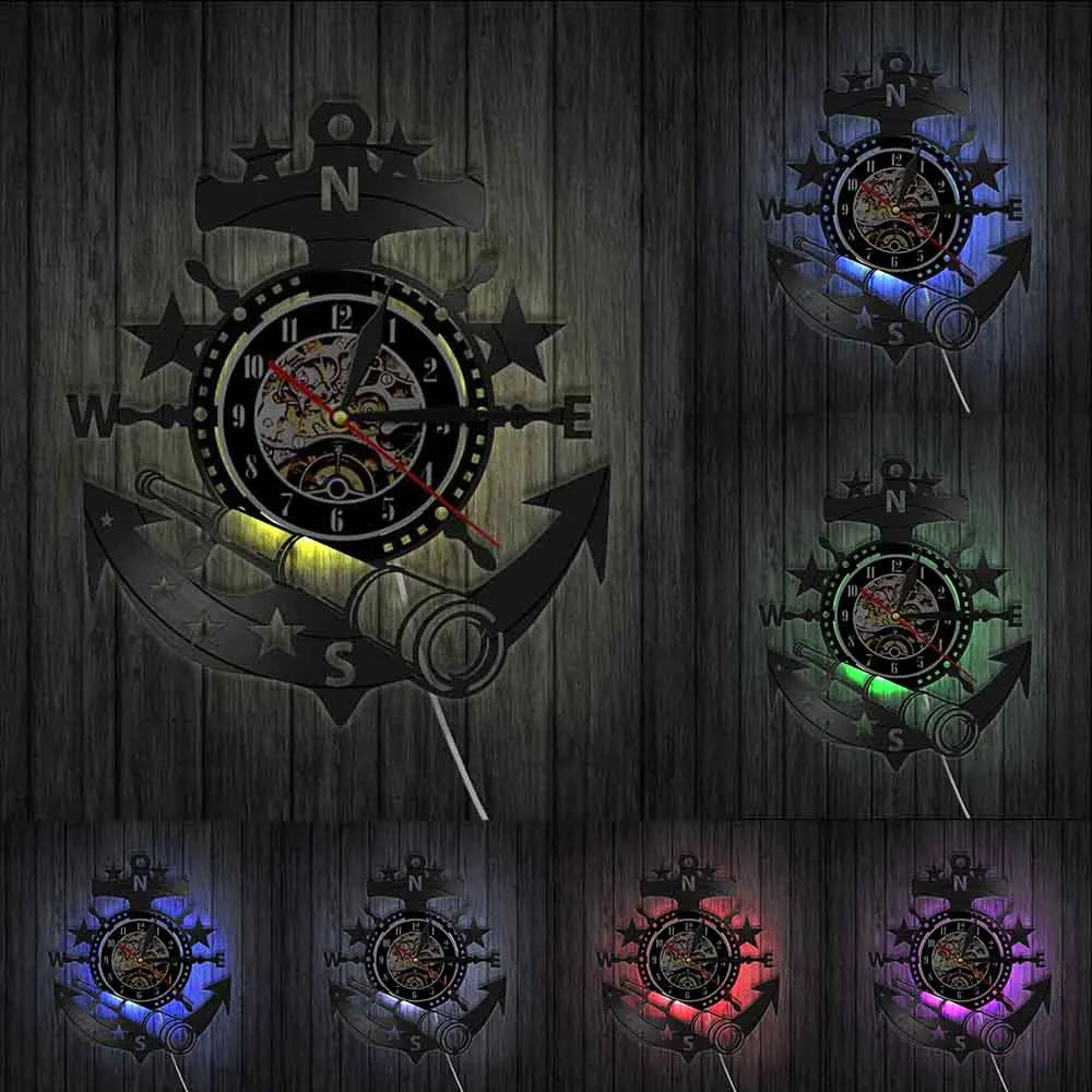 Marine Nautical Ship Steering Wheel Wall Clock Vintage Vinyl Record Wall Clock Watches Anchor Wall Decor For Living Room Bedroom