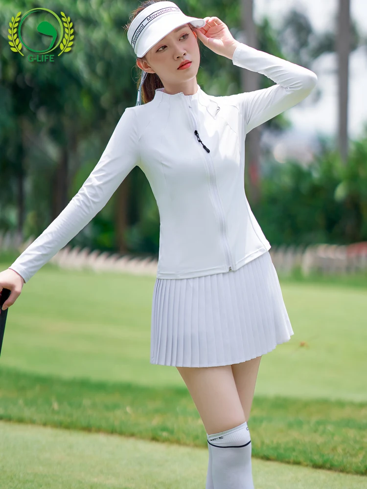 Women's Autumn And Winter Golf Clothing Knitted Long-sleeved White Zipper Jacket Pleated Skirt Suit Jersey