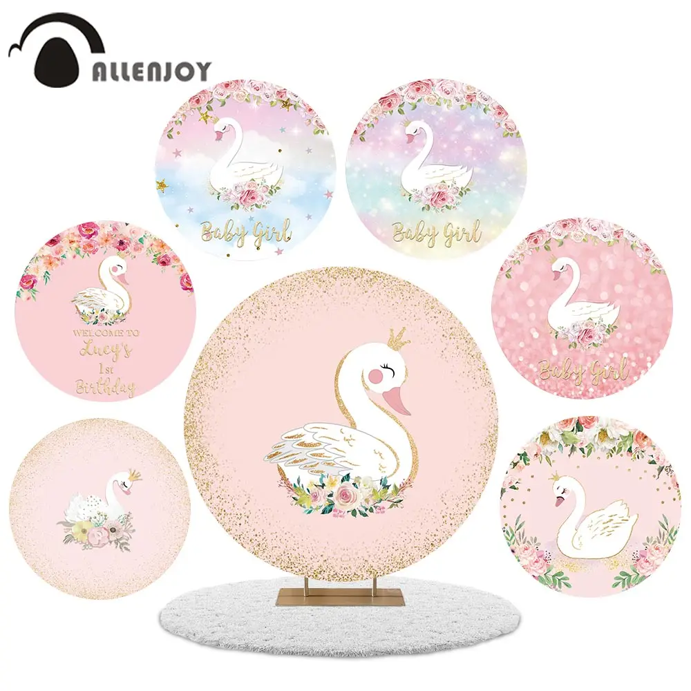 Allenjoy Girl Swan Birthday Party Round Backdrop Pink Princess Baby Shower Circle Decor Customize Elastic Background Banner