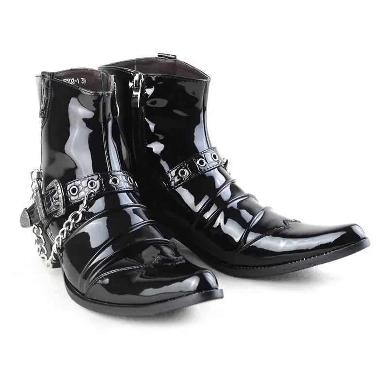 British Luxury Mens Black Ankle Boots Pointed Toe Trending Patent Leather Chains Charm Party Show Shoes Stage Leisure Zapatos