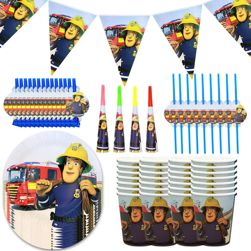 Strażak Sam dekoracje na imprezę urodzinową Banner Fire Engine Fighter Theme papierowe kubki i talerze dobrodziejstw chłopiec Baby Shower