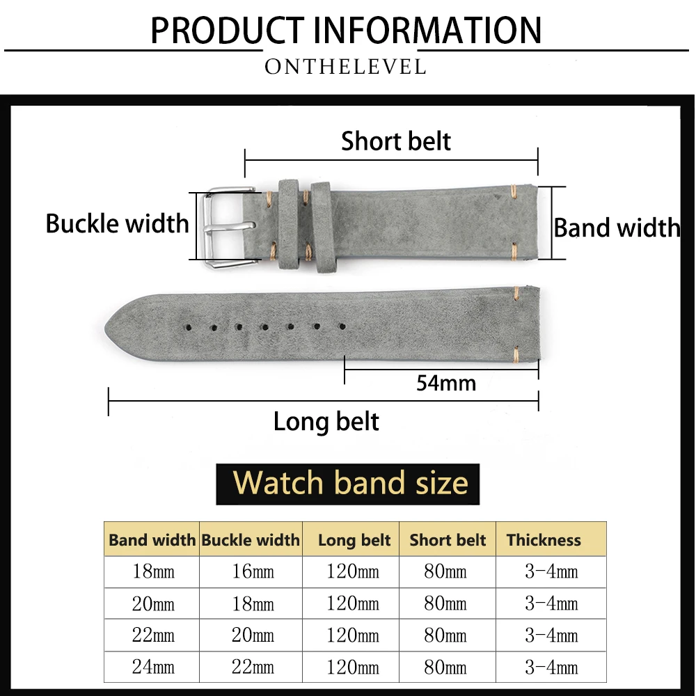 Onthelevel New Handmade Watch Strap Genuine Suede Leather Watchband 18 22 22mm Gray Brown Replacement Watch Belt Accessories E