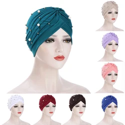 Nieuwe Mode Effen Kleur Parel Moslim Tulband Sjaal Vrouwen Islamitische Inner Hijab Caps Arabische Wrap Hoofd Femme Musulman Turbante Mujer