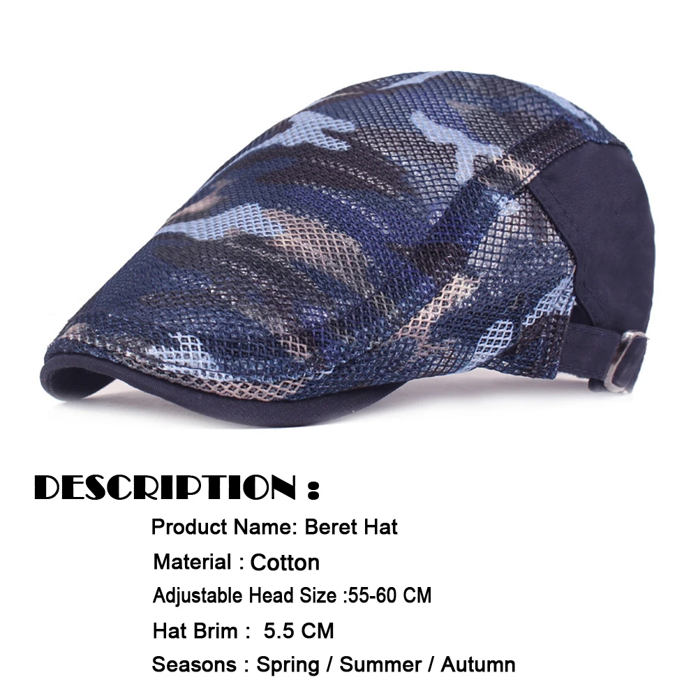 Men Women Camouflage Duckbill Beret Cap Hollow Breathable Mesh Gatsby Cap Adjustable Cabbie Newsboy Driving Hunting Flat Hat