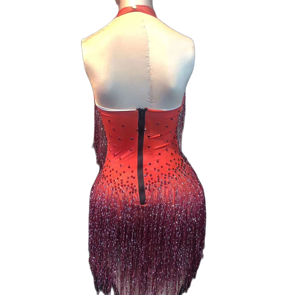 Red Tassel Rhinestones Bodysuit For Women Backless Sexy Bodycon Nightclub Dance Show Wear Theatrical Drag Queen Costume