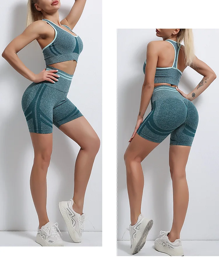 Women Seamless Yoga Set 2-Piece Sports Suit Female Workout Clothes Medium Support Sports Bra High Waist Gym Shorts Sportwear