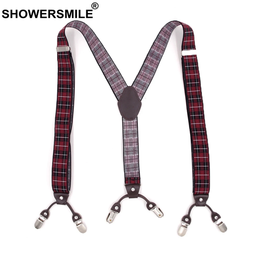 SHOWERSMILE Mens Trouser Braces British Red Plaid Suspenders 6 Clips Jacquard Business Formal Elastic Leather Male Pants Strap