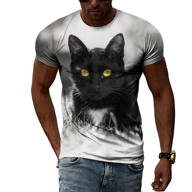 Fashion Personality Cool Style Cat graphic t shirts For Men Summer Animal Pattern 3D Print Black T-shirt O-neck Comfortable Top