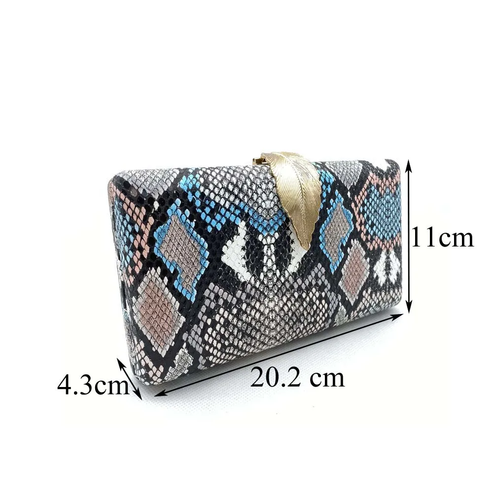 Trendy Leaf Clasp Lock Metal Box Evening Purse Python Skin Clutch Bags Chain Crossbody Bag Handbags Woman 2021 Party