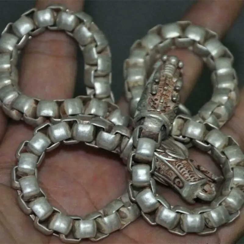 Old Chinese Tibetan Silver Copper Auspicious Double Dragon Loong Head Beast   Statues  Amulet Statue Mascot Gift