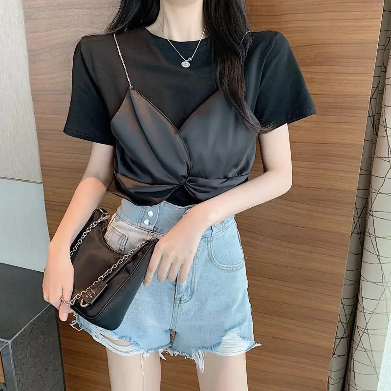 Summer T Shirt Women Korean Style Tshirt Fashion Fake Two-Piece Lace Tops Casual Summer One Size Kawaii T Shirts Women 2020