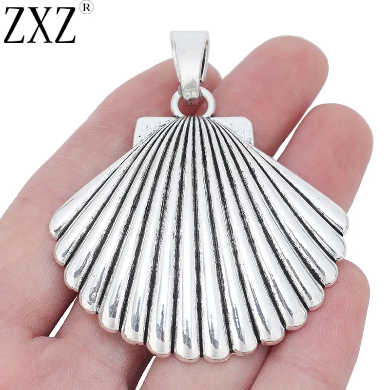 ZXZ 2 sztuk tybetański srebrny duża muszla muszla muszelka Charms wisiorki na naszyjnik komponenty do wyrobu biżuterii 57x55mm