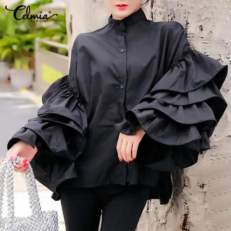 Women Blusas Celmia 2023 Fashion Layered Flare Long Sleeve Solid Black Blouses Streetwear Shirts Casual Elegant Buttons Tops