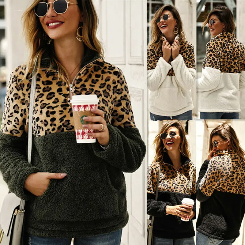 2019 Winter Fleece Sweater Fashion Leopard Patchwork Fluffy Thick Sweaters Warm Zipper Pullovers Women Winter Coat Sherpa Tops