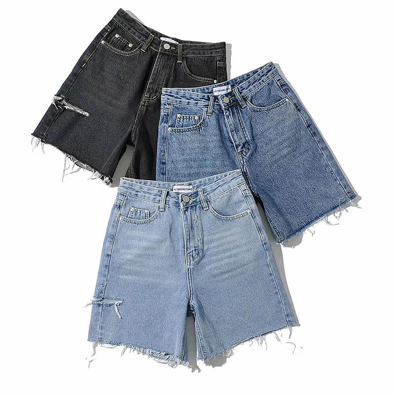 Mosimolly 2021 verão rasgado jeans shorts borlas solto lavado azul denim shorts calças fundo boho praia na altura do joelho calças