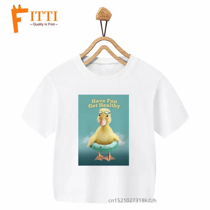 Cute DUCK HAVE FUN Print Boys/Girls White T-shirt Kid Summer Harajuku Kawaii Funny Clothes Little Baby Y2K Clothes,Drop Ship